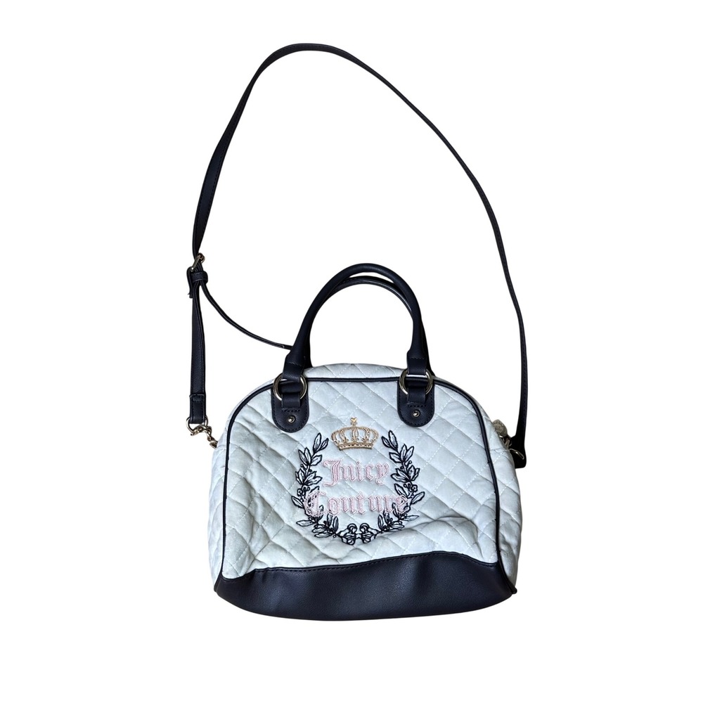 Juicy Couture White Quilted Velour Satchel Crossbody Bag Brown Trim Embroidered